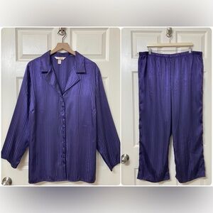 Cacique Purple Satin Matching Pajama Set 22 Button Down Shirt Pants Silky Cozy